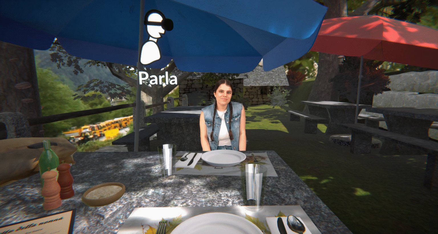 Eine Person, die mit 360 Grad-Aufnahmen in ein typisches Grotto an den Esstisch gesetzt wird, vis a vis vom User der VR-Brille.