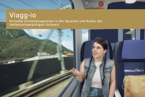 Eine Person, die mit einer 360 Grad-Kamera gefilmt und anschliessend in einen virtuellen Zugabteil gesetzt worden ist und aus dem Fenster schaut.